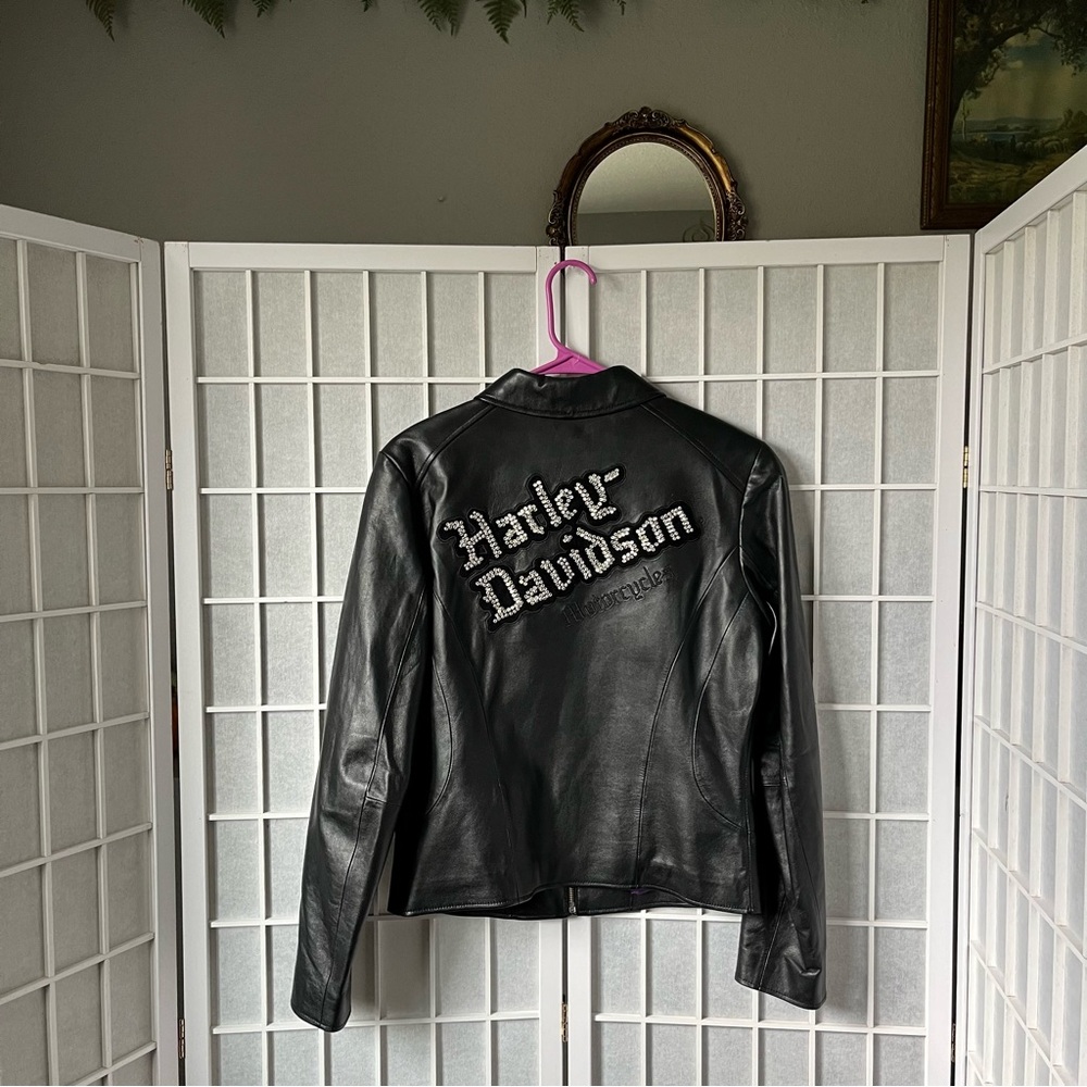 Harley-Davidson Black Leather and SILK Jacket with Swarovski Design